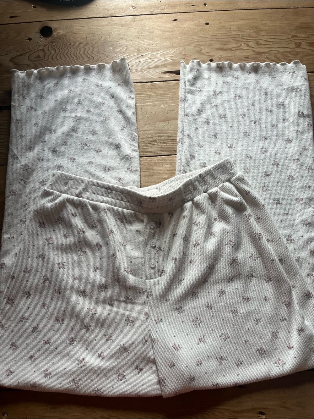 Pink Rose Cream Waffle-Knit Floral Lounge Pants - Subtle Pink Accents